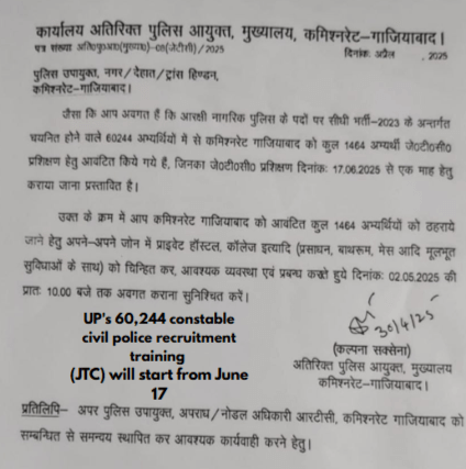 UP's 60,244 constable civil police recruitment training (JTC) will start from June 17